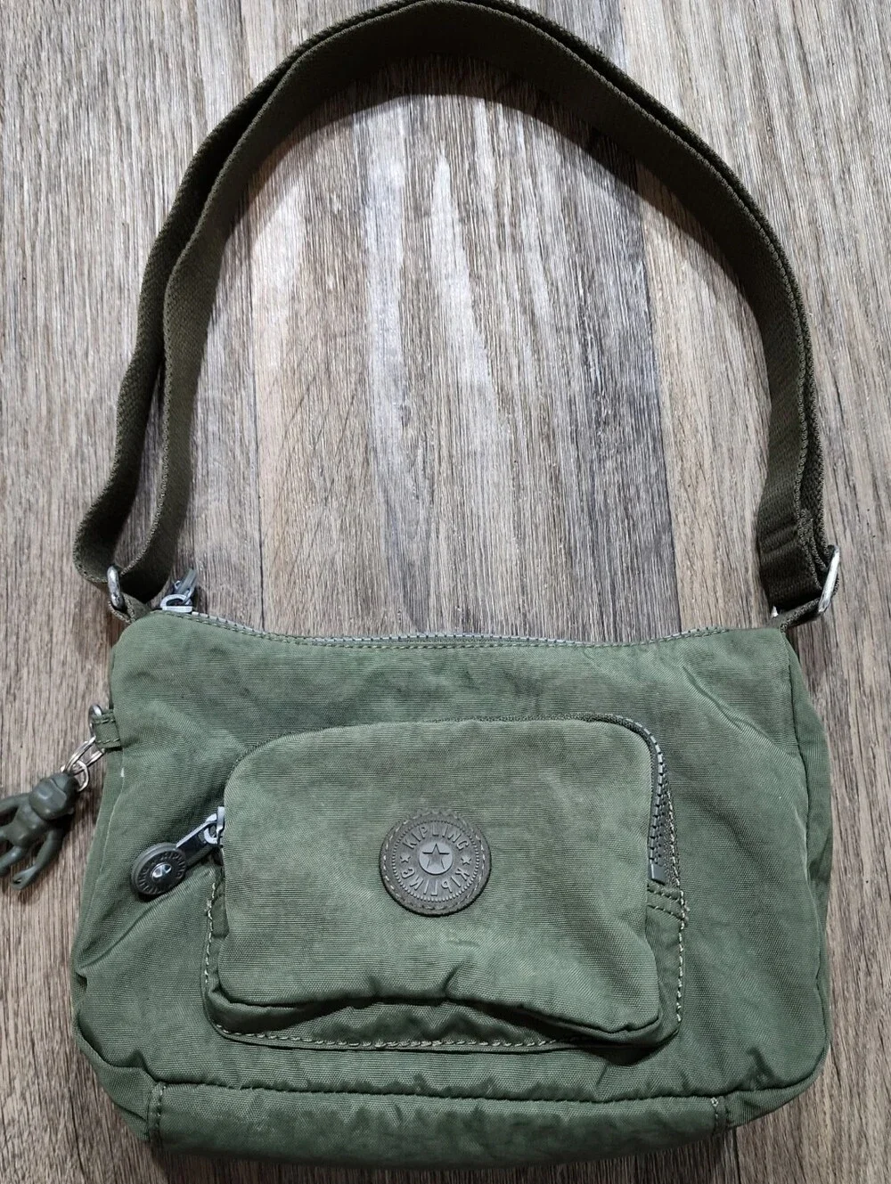 Kipling Olive Green Y2K Nylon Shoulder Bag w/ Monkey Charm